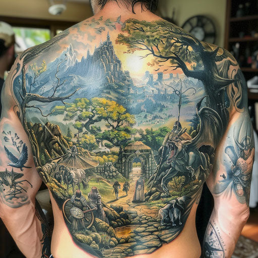 Epic back tattoos for men portraying a mythological journey