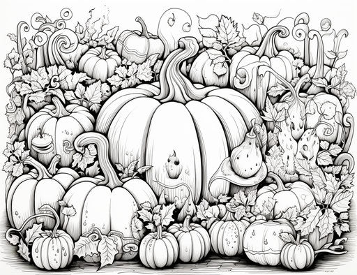 Black and white pumpkin coloring page, detailed crowd scenes style