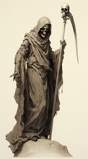 Drawing of mortal design ideas, grim reaper, gray and bronze style, satirical caricature