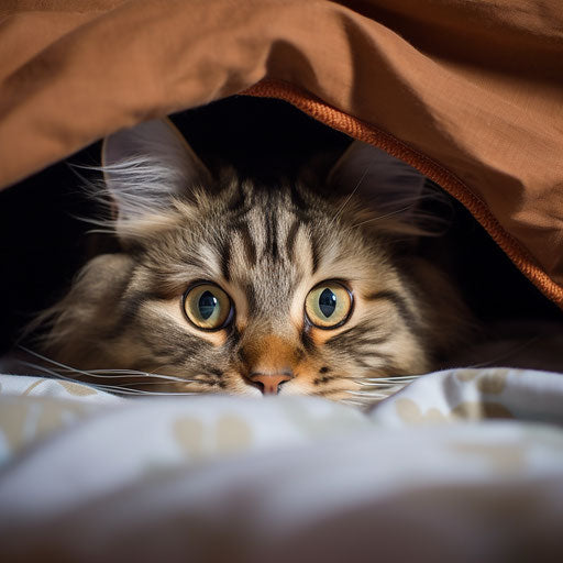A siberian cat under bed covers with head sticking out