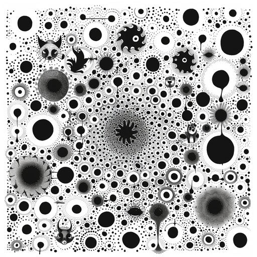 Whimsical scene of circles made up of tiny animal silhouettes