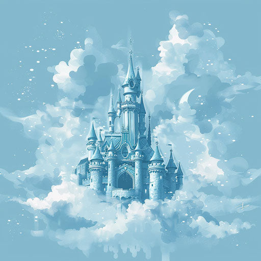 Fairytale castle in pastel sky blue clouds tattoo sketch