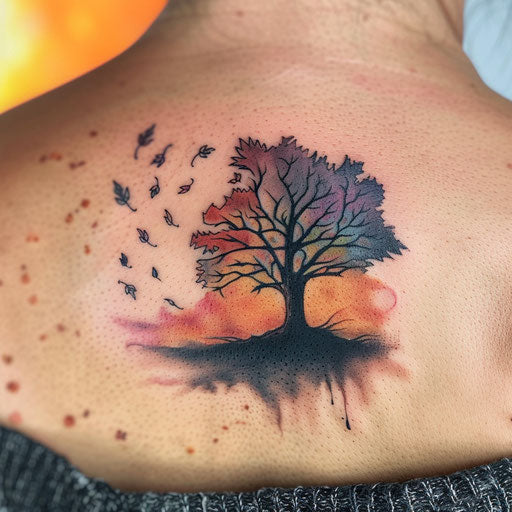 Sunset tattoo with lone tree and falling leaves against colorful backdrop, on white