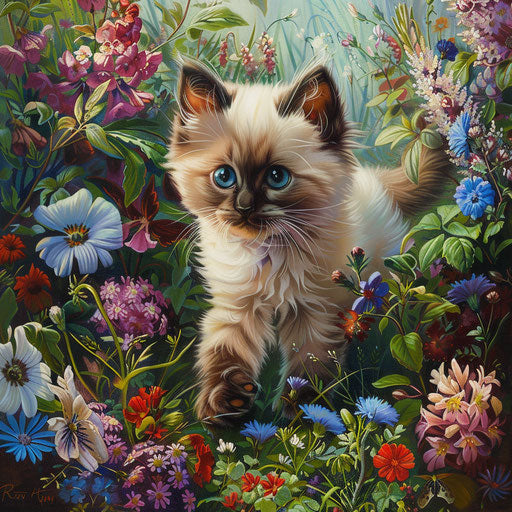Himalayan kitten exploring flower-filled garden