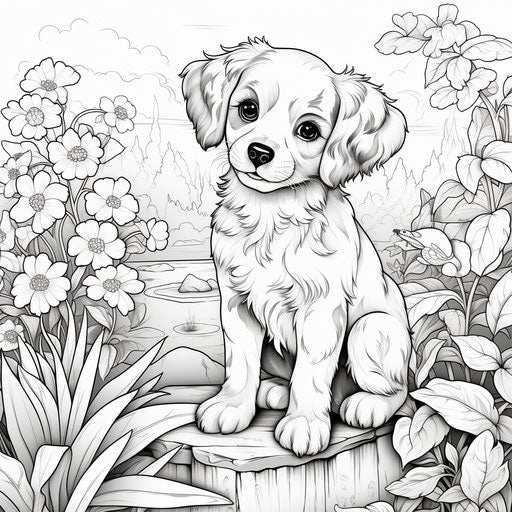 Puppy portrait in garden for coloring in line art illustrations