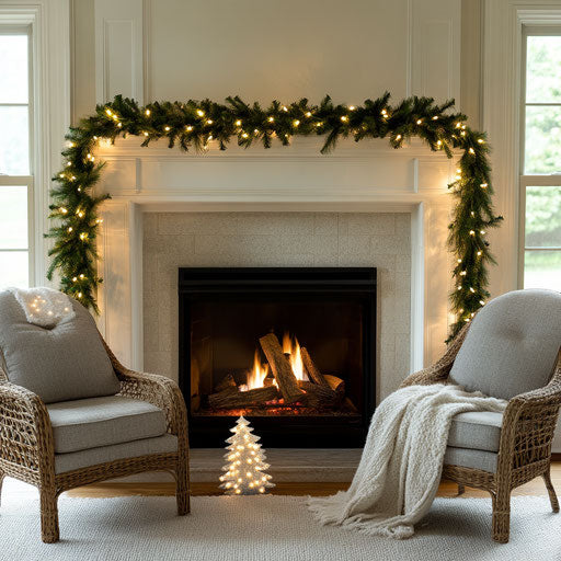 Winter fireplace decorated with fresh greens and white lights