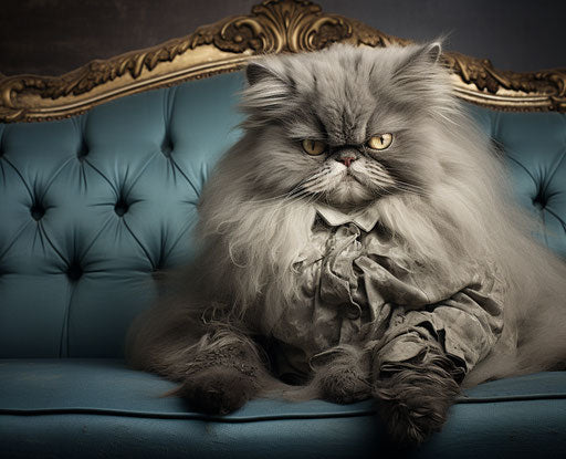 A fluffy black persian cat on a grey couch, in dark beige and sky-blue style, exaggerated facial features, photo taken with provia, award winning, frayed, deconstructive, anglo gothic 31:25