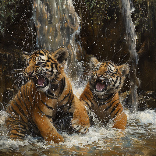 Tiger cubs playing near a waterfall
