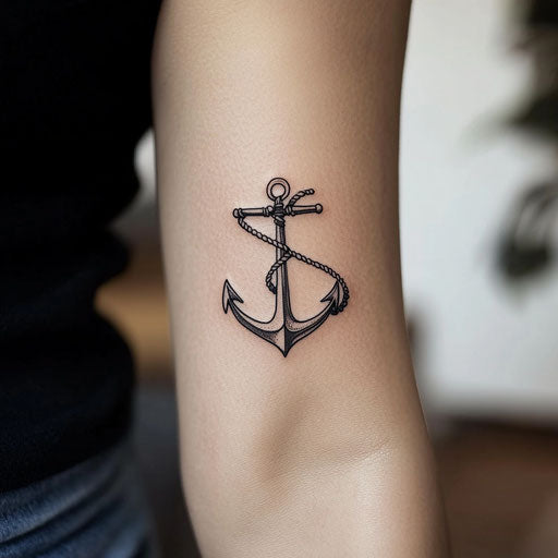 Small arm tattoos with a minimalist anchor and rope, in the style of Ami James