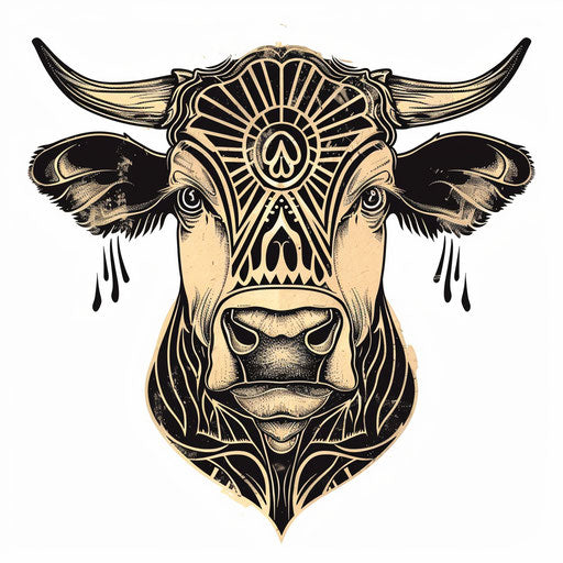 Rustic cow tattoo in black and earth tones on white background