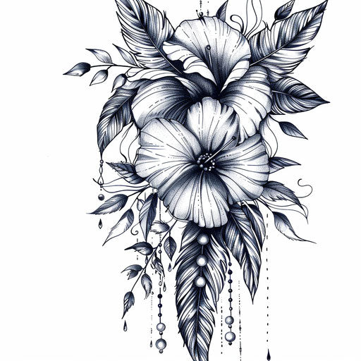 Boho chic floral tattoo design, with feathers and beads, on white background