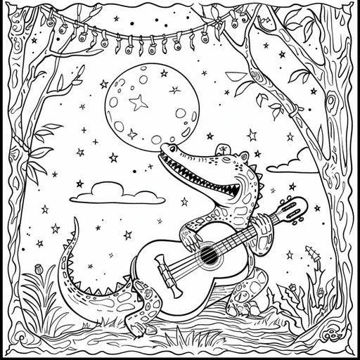 Whimsical crocodile playing guitar under the moonlight