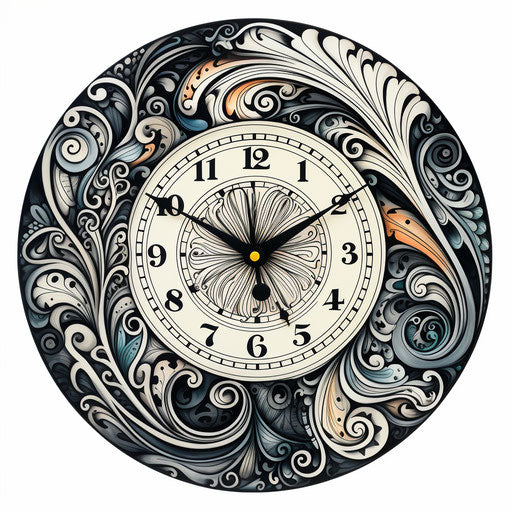 Black and white clock with decorative wrought iron designs