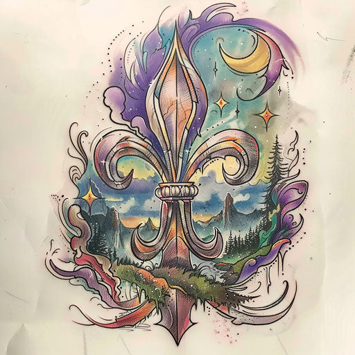 Surreal tattoo sketch of a fleur de lis morphing into a dreamlike landscape with muted pastels