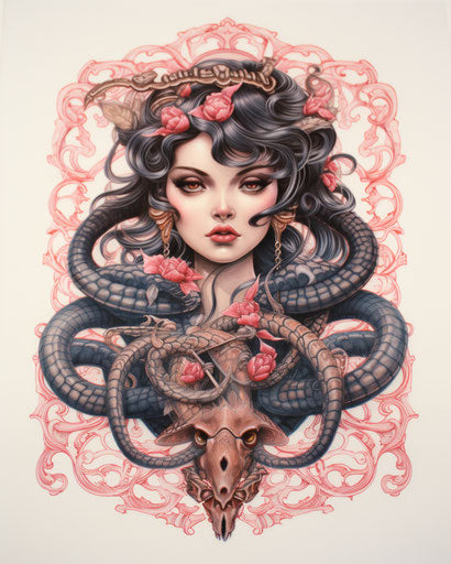Lady with snakes portrait in ink print, Tim Shumate style, light pink and red, cobra, classic tattoo motifs, Sana Takeda, rusticcore, clamp 51:64
