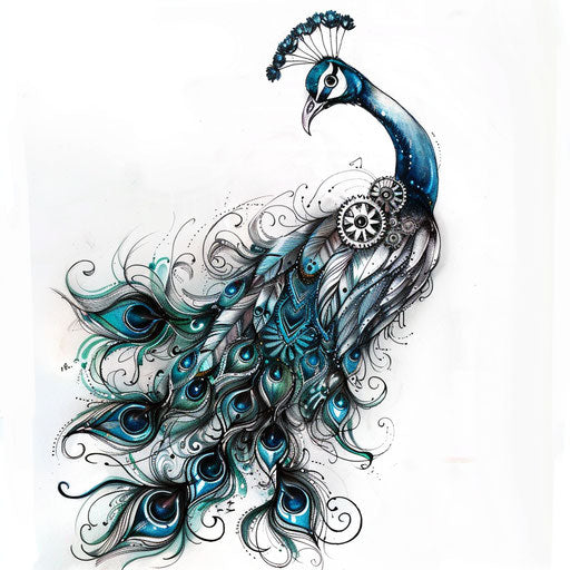 Elegant mechanical peacock tattoo with metallic feathers on white background