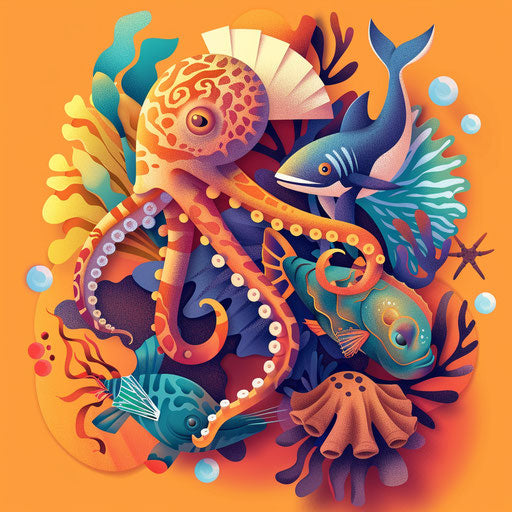 Realistic sea creatures on flat sunset orange background