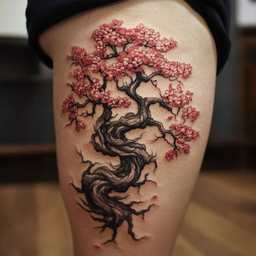 Cherry blossom tree tattoo in the style of Adrian Smith featuring a demon rising from the roots on the thigh