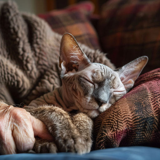 Cornish Rex cat sleeping on a couch with its owner