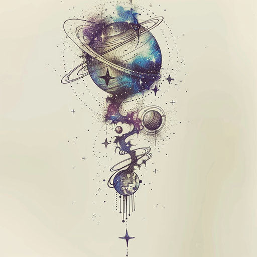 Cosmic unalome tattoo with stars and planets