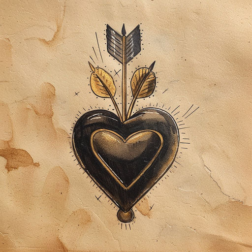 Black heart pierced by golden arrow, detailed tattoo sketch