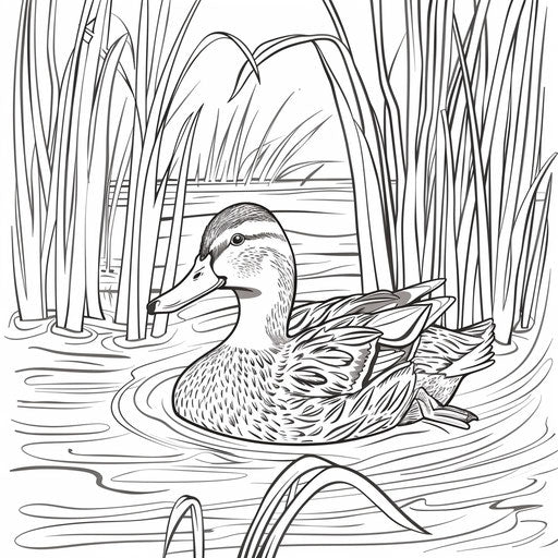 Duck swimming on a pond with reeds. Coloring book page