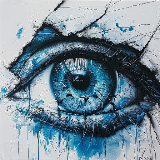 Blue and white eye with blue tint, graffiti-inspired style