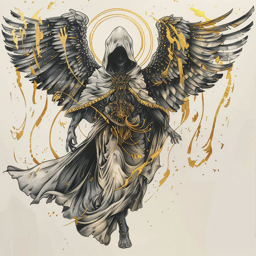 Flat tattoo sketch of the angel of death in flowing robe