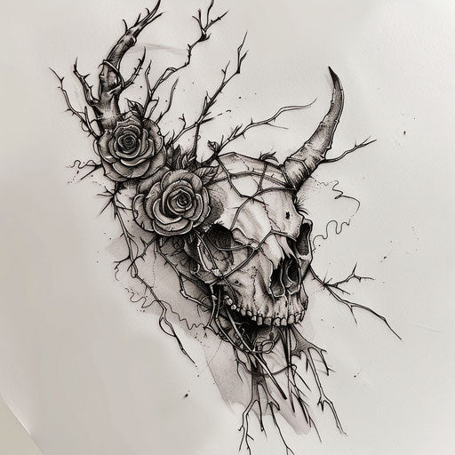 Cow skull with dark roses - tattoo sketch