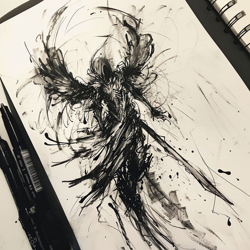 Expressive tattoo sketch of the angel of death in action, splash ink style black