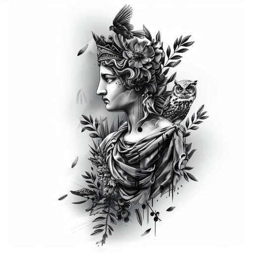 Black and gray tattoo of Athena with owl on white canvas