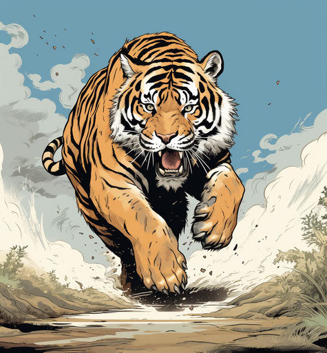 Tiger running in the style of Buscema, traditional Japanese