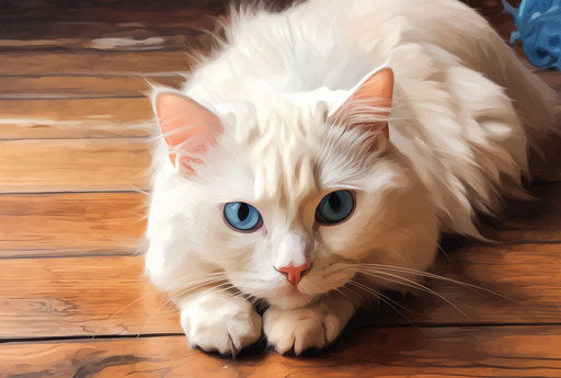 White cat on oak floor, dark beige and blue style