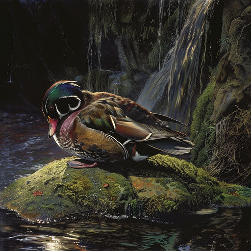 Wood duck grooming on mossy rock by gentle river