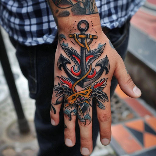 Men's hand tattoo with classic anchors and swallows