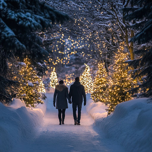 Winter stroll among illuminated Christmas trees