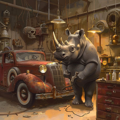 Rhinoceros mechanic of classic cars in a garage