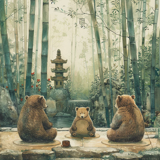 Tranquil bears meditating in a Zen garden