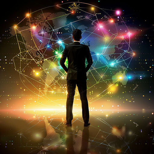 Business man with digital world map connecting global networks