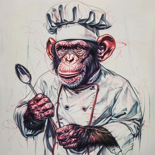 Sketch of monkey chef holding spoon, culinary tattoo art with delicious colors on white canvas