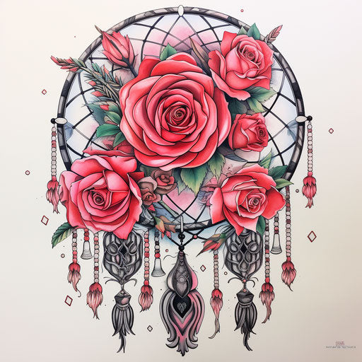 Dream catcher with roses, feathers and wings, Art Deco style