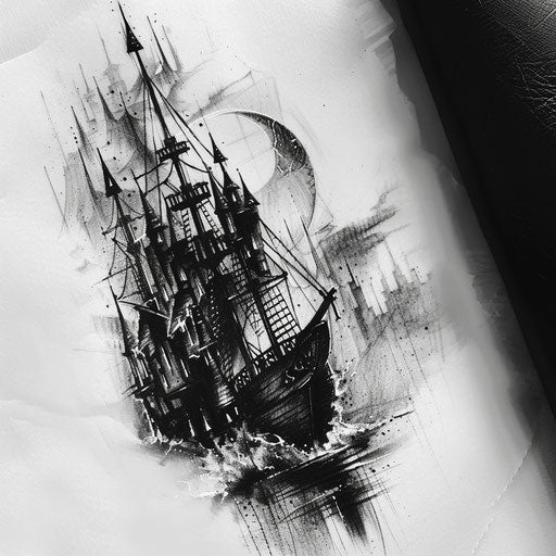 Gothic black and grey tattoo sketch of a ghostly galleon with gothic spires and moonlight