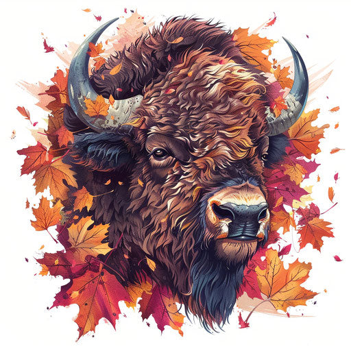 Sketch of lively bison tattoo with autumn leaves pattern