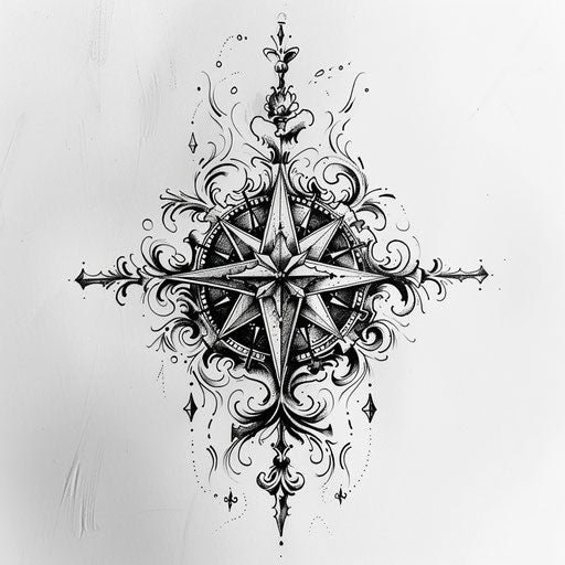 Gothic tattoo sketch of a compass rose with dark, moody tones