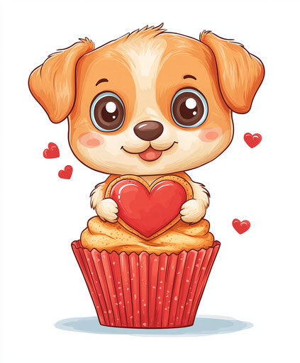 Cute puppy in red cupcake paper with heart-shaped cookie