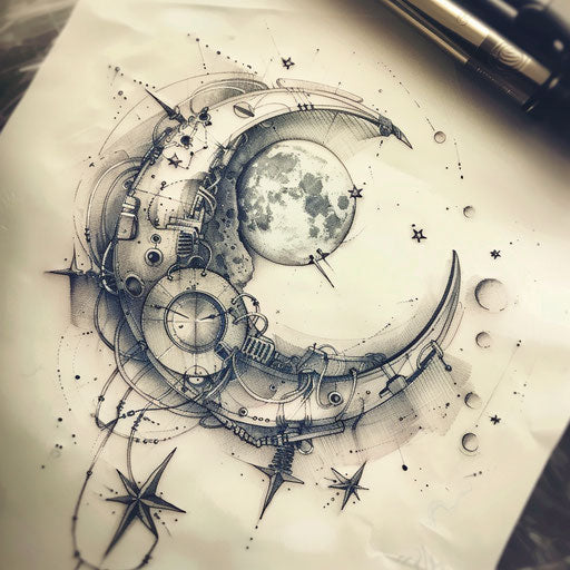 Biomechanical tattoo concept with moon and stars merging with futuristic elements on a white base