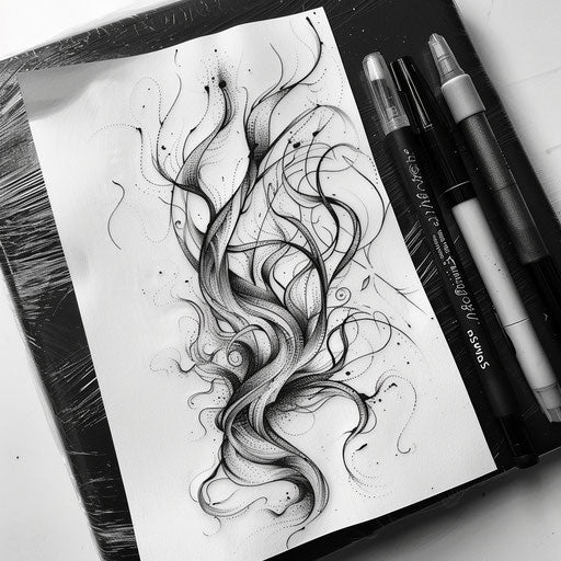 Dynamic flat tattoo sketch of spreading roots with abstract, flowing lines