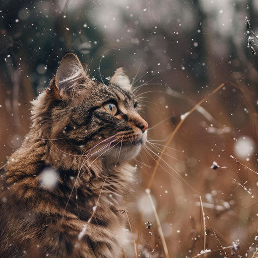 Brown cat in a field while it is snowing