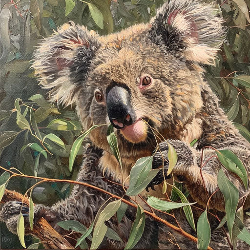 Koala munching on eucalyptus leaves, detailed texture