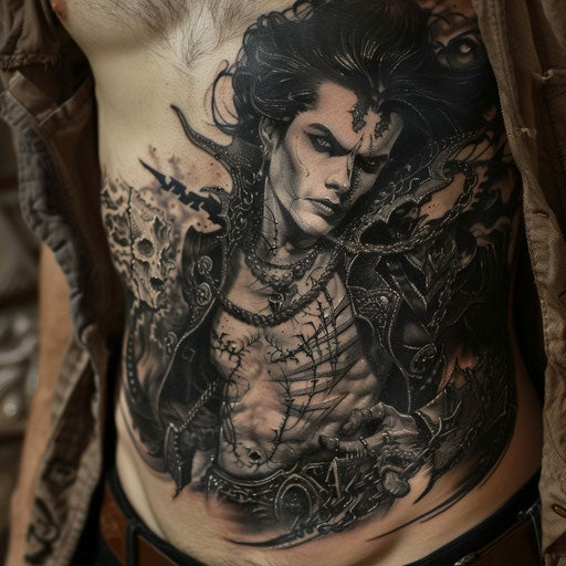 Stomach tattoos of a gothic vampire, Brom style